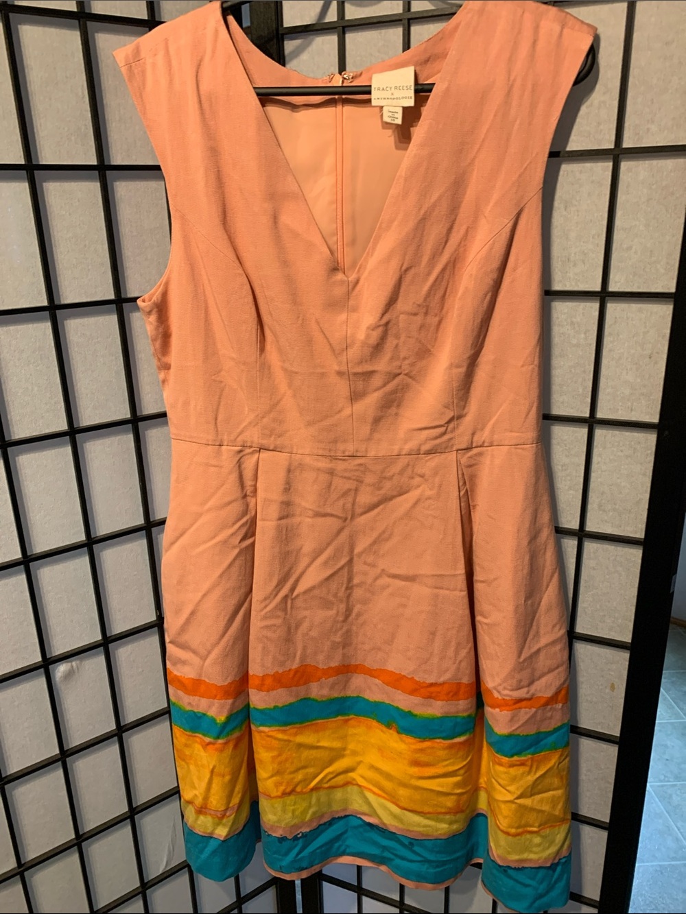 Tracy Reese Anthropology Coral Midi Dress with Multicolor Striped Hem Size 10